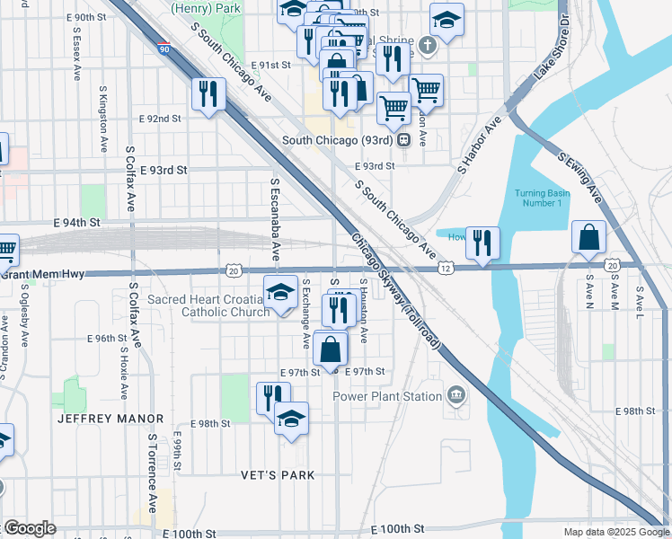 map of restaurants, bars, coffee shops, grocery stores, and more near 3000 East 95th Street in Chicago