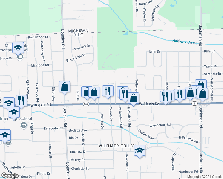 map of restaurants, bars, coffee shops, grocery stores, and more near 5834 Yermo Drive in Toledo