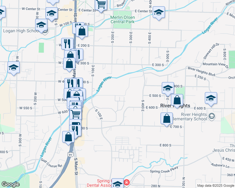 map of restaurants, bars, coffee shops, grocery stores, and more near 225 East 500 South in River Heights