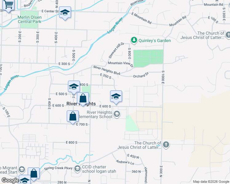 map of restaurants, bars, coffee shops, grocery stores, and more near 498 750 East in River Heights