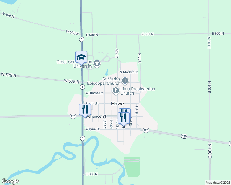 map of restaurants, bars, coffee shops, grocery stores, and more near 700 Broad Street in Howe