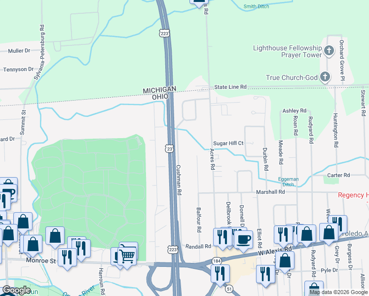 map of restaurants, bars, coffee shops, grocery stores, and more near 5930 Cushman Road in Sylvania