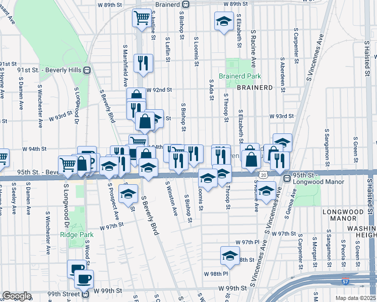 map of restaurants, bars, coffee shops, grocery stores, and more near 9417 South Bishop Street in Chicago