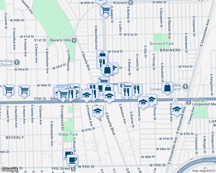 map of restaurants, bars, coffee shops, grocery stores, and more near 9419 South Ashland Avenue in Chicago