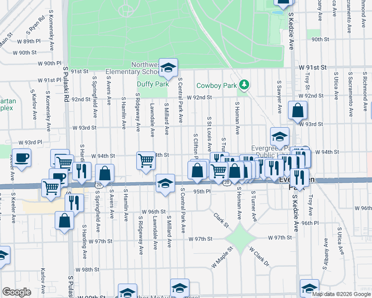 map of restaurants, bars, coffee shops, grocery stores, and more near 9346 South Clifton Park Avenue in Evergreen Park