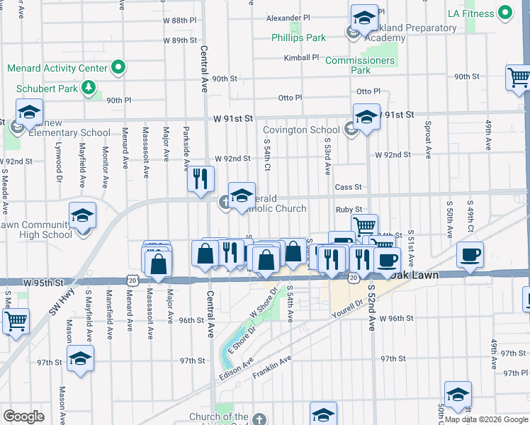 map of restaurants, bars, coffee shops, grocery stores, and more near 9325 South 55th Avenue in Oak Lawn