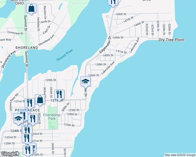 map of restaurants, bars, coffee shops, grocery stores, and more near 5630 Lakeside Avenue in Toledo