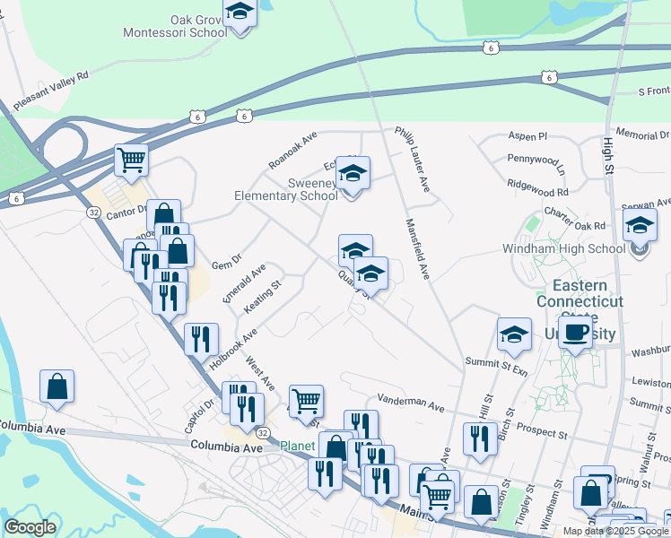 map of restaurants, bars, coffee shops, grocery stores, and more near 123 Quarry Street in Windham