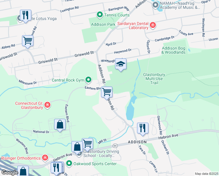 map of restaurants, bars, coffee shops, grocery stores, and more near 198 Addison Road in Glastonbury
