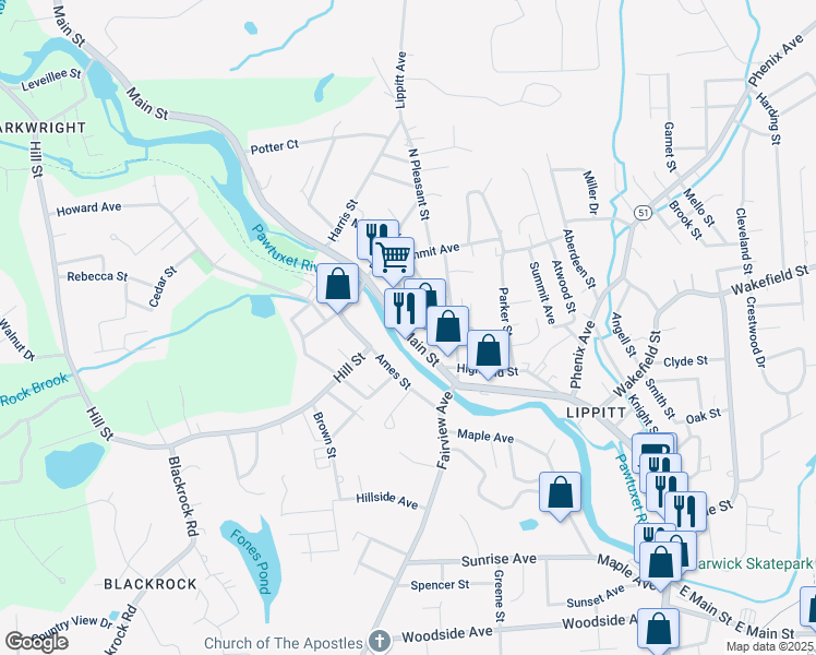 map of restaurants, bars, coffee shops, grocery stores, and more near 700 Main Street in West Warwick