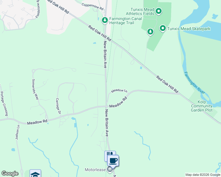map of restaurants, bars, coffee shops, grocery stores, and more near 40 Meadow Lane in Farmington