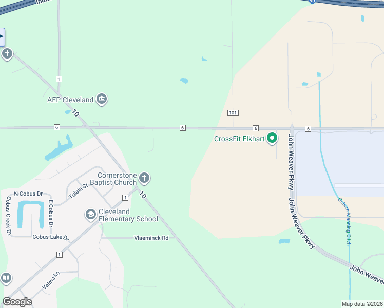 map of restaurants, bars, coffee shops, grocery stores, and more near 52424 County Road 7 in Elkhart