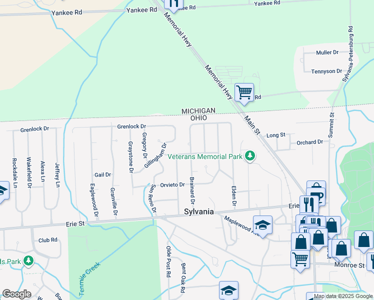 map of restaurants, bars, coffee shops, grocery stores, and more near 6007 Brainard Drive in Sylvania