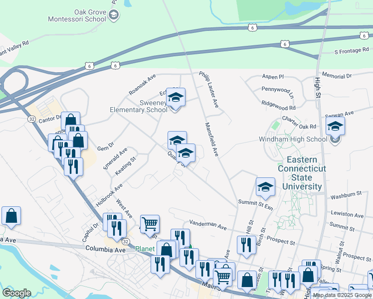 map of restaurants, bars, coffee shops, grocery stores, and more near 123 Quarry Street in Windham