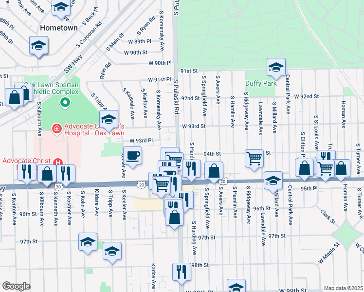 map of restaurants, bars, coffee shops, grocery stores, and more near 9347 South Pulaski Road in Evergreen Park