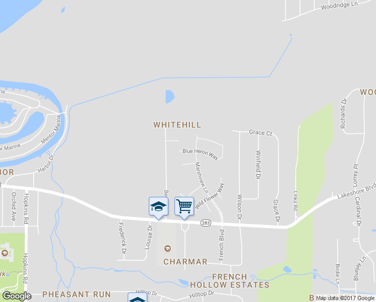 map of restaurants, bars, coffee shops, grocery stores, and more near 8715 Blue Heron Way in Mentor
