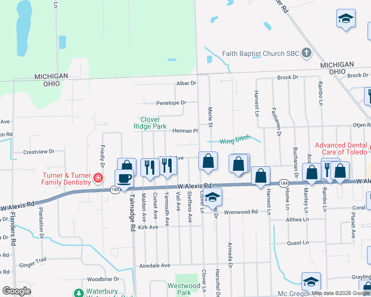 map of restaurants, bars, coffee shops, grocery stores, and more near 4048 Stock Avenue in Toledo
