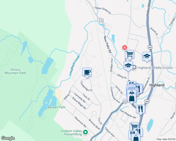 map of restaurants, bars, coffee shops, grocery stores, and more near 48 Sunnybrook Circle in Highland