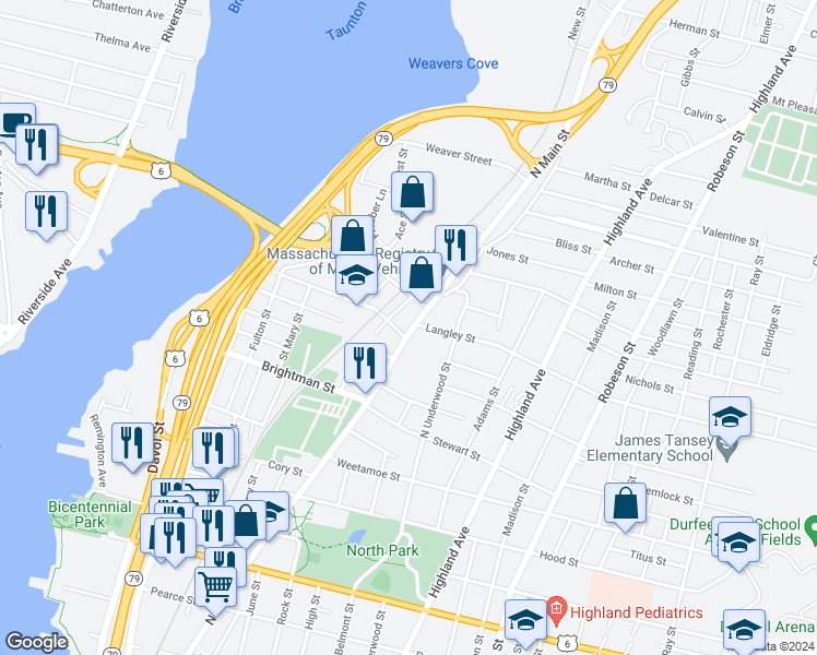 map of restaurants, bars, coffee shops, grocery stores, and more near 1660 North Main Street in Fall River