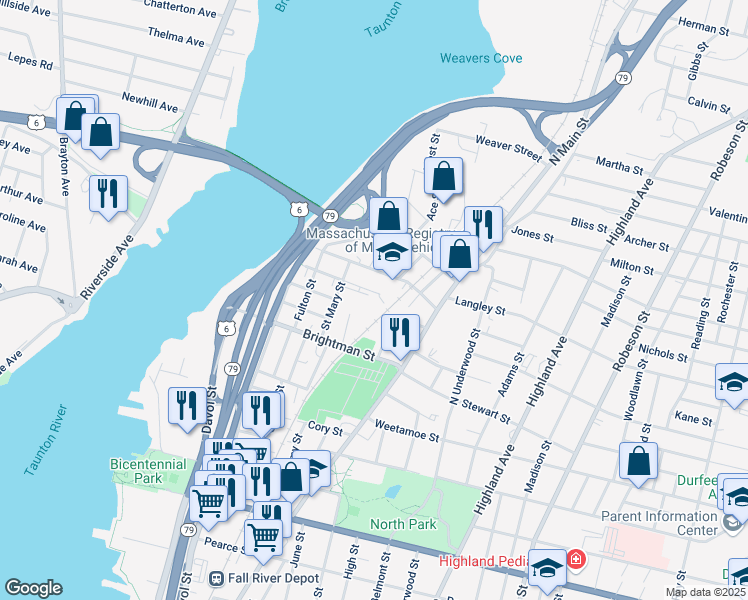 map of restaurants, bars, coffee shops, grocery stores, and more near 189 Wellington Street in Fall River