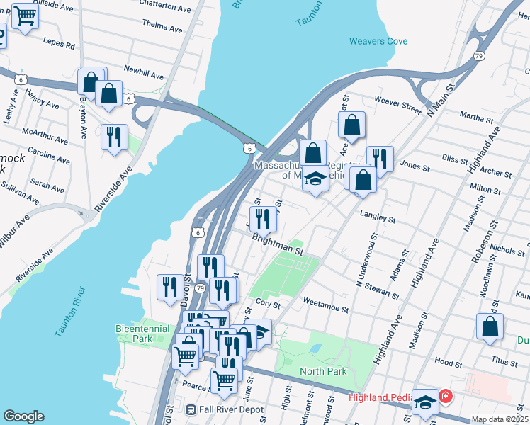 map of restaurants, bars, coffee shops, grocery stores, and more near 56 Saint Mary Street in Fall River