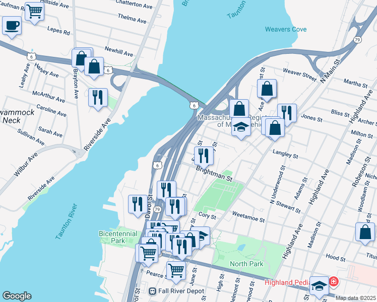 map of restaurants, bars, coffee shops, grocery stores, and more near 23 Norfolk Street in Fall River