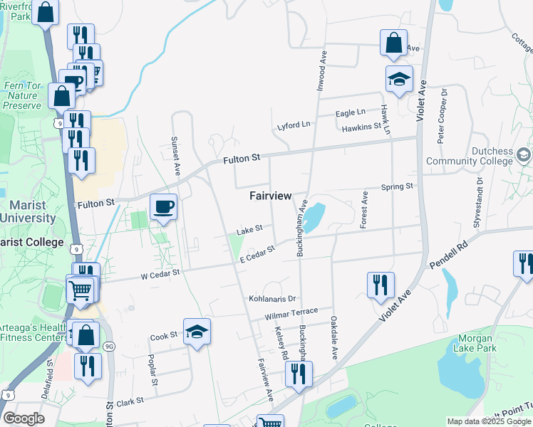 map of restaurants, bars, coffee shops, grocery stores, and more near 51 Lake Street in Poughkeepsie