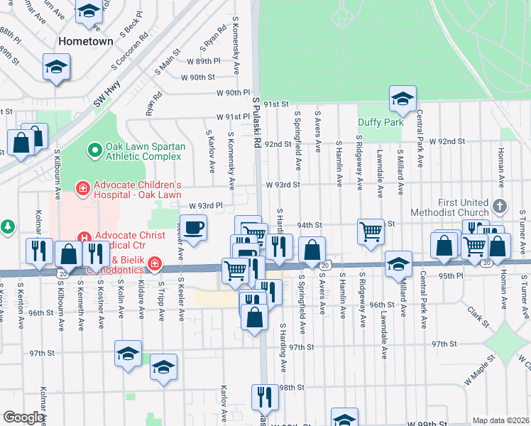 map of restaurants, bars, coffee shops, grocery stores, and more near in Oak Lawn