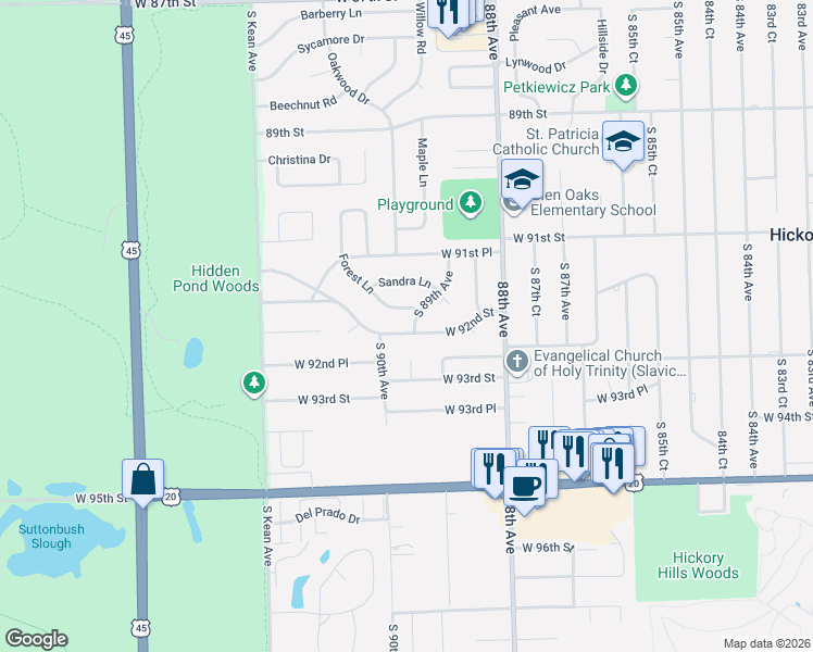 map of restaurants, bars, coffee shops, grocery stores, and more near 8915 West 92nd Street in Oak Lawn