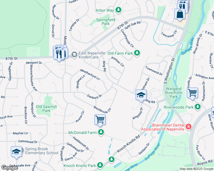 map of restaurants, bars, coffee shops, grocery stores, and more near 291 Danbury Drive in Naperville