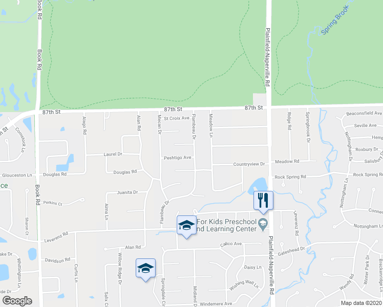 map of restaurants, bars, coffee shops, grocery stores, and more near 1308 Peshtigo Avenue in Naperville