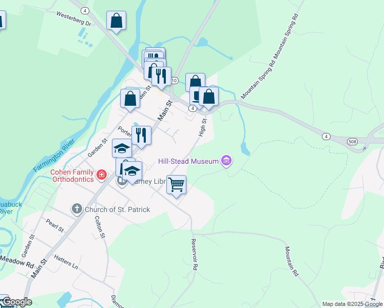 map of restaurants, bars, coffee shops, grocery stores, and more near 37 High Street in Farmington