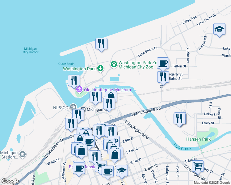map of restaurants, bars, coffee shops, grocery stores, and more near 40 Marine Drive in Michigan City