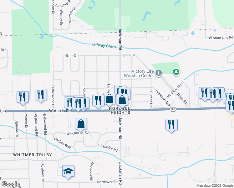 map of restaurants, bars, coffee shops, grocery stores, and more near 5847 Jackman Road in Toledo