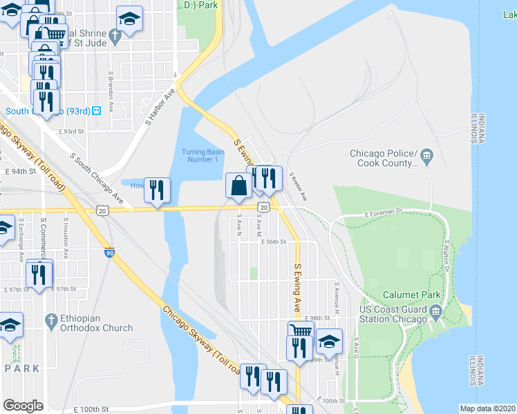 map of restaurants, bars, coffee shops, grocery stores, and more near 7129 South Avenue M in Chicago