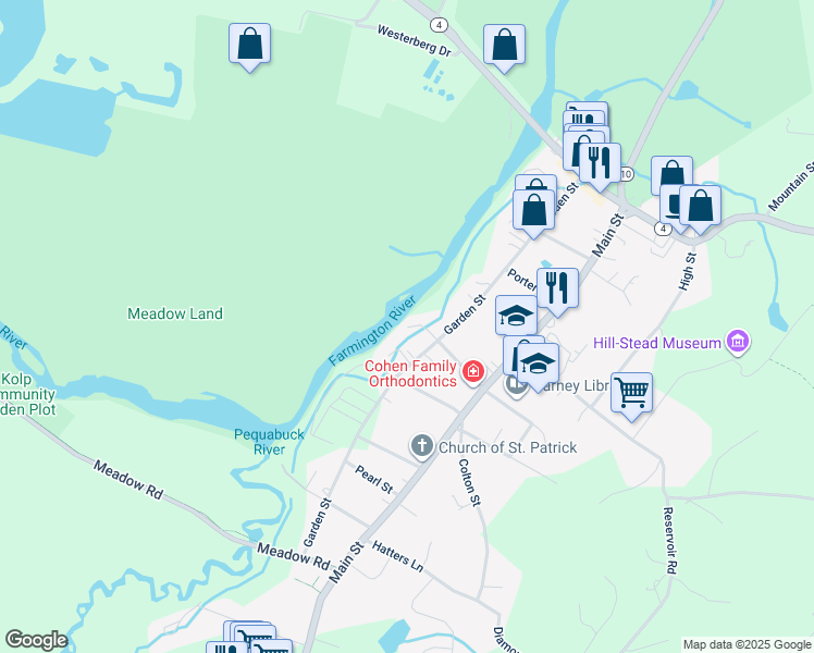 map of restaurants, bars, coffee shops, grocery stores, and more near 54 Mill Lane in Farmington