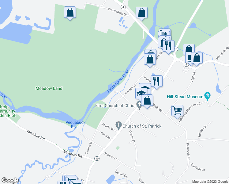 map of restaurants, bars, coffee shops, grocery stores, and more near 45 Mill Lane in Farmington