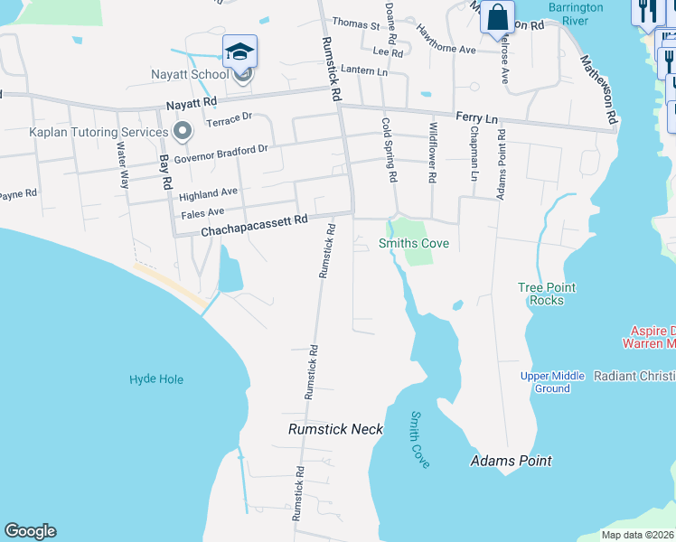 map of restaurants, bars, coffee shops, grocery stores, and more near 34 South Meadow Lane in Barrington