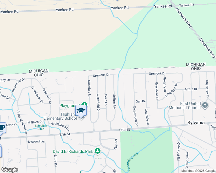 map of restaurants, bars, coffee shops, grocery stores, and more near 6039 Jeffrey Lane in Sylvania
