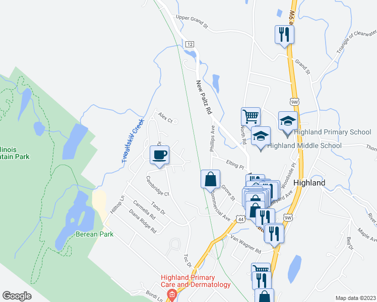 map of restaurants, bars, coffee shops, grocery stores, and more near 67 Sunnybrook Circle in Highland