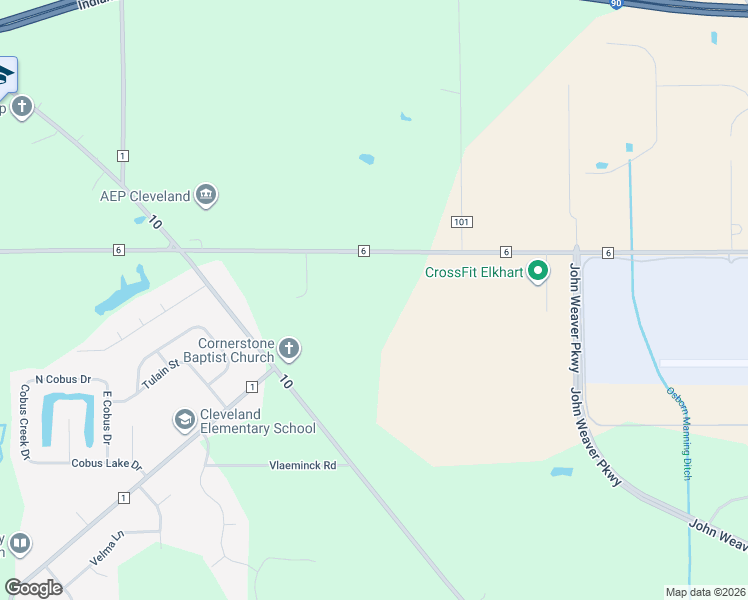 map of restaurants, bars, coffee shops, grocery stores, and more near 52424 County Road 7 in Elkhart