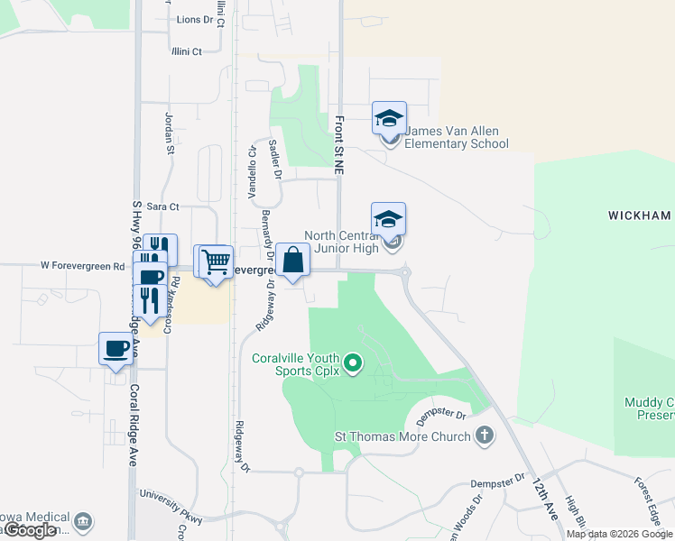map of restaurants, bars, coffee shops, grocery stores, and more near 2 West Forevergreen Road in North Liberty