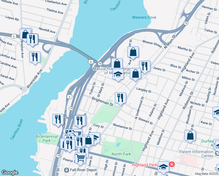 map of restaurants, bars, coffee shops, grocery stores, and more near 189 Wellington Street in Fall River