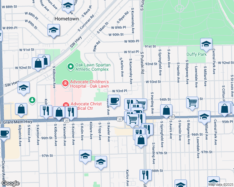 map of restaurants, bars, coffee shops, grocery stores, and more near 4060 West 95th Street in Oak Lawn