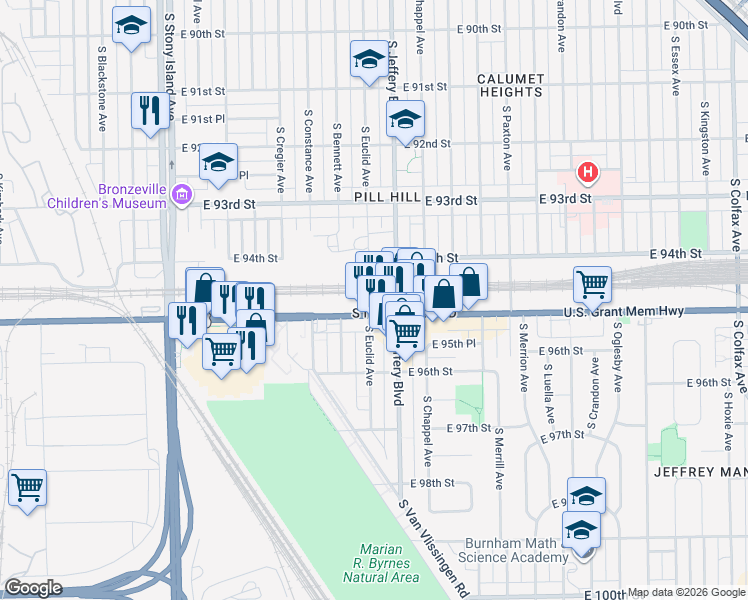map of restaurants, bars, coffee shops, grocery stores, and more near 1934 East 95th Street in Chicago
