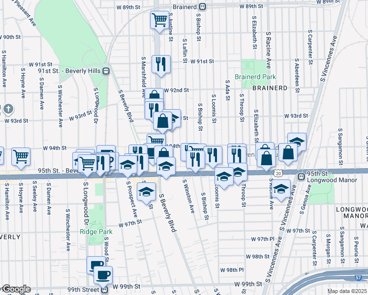 map of restaurants, bars, coffee shops, grocery stores, and more near 9400 South Laflin Street in Chicago