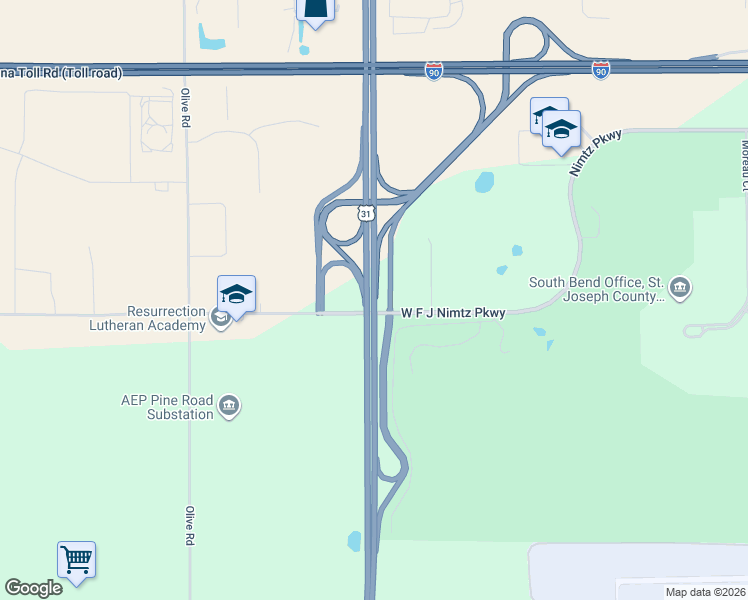 map of restaurants, bars, coffee shops, grocery stores, and more near Saint Joseph Valley Parkway in South Bend