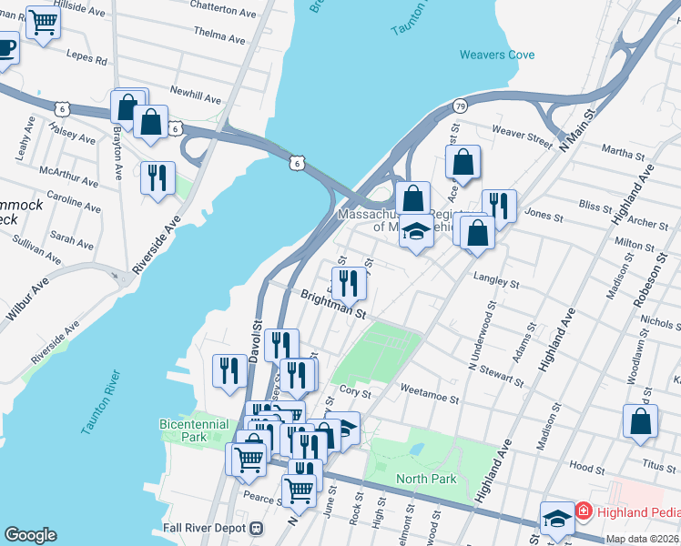 map of restaurants, bars, coffee shops, grocery stores, and more near 56 Saint Mary Street in Fall River