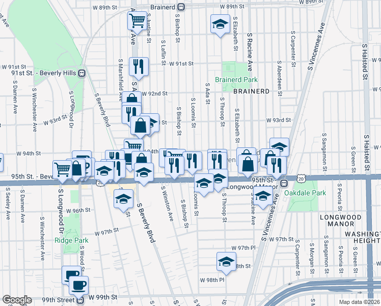 map of restaurants, bars, coffee shops, grocery stores, and more near 9417 South Bishop Street in Chicago