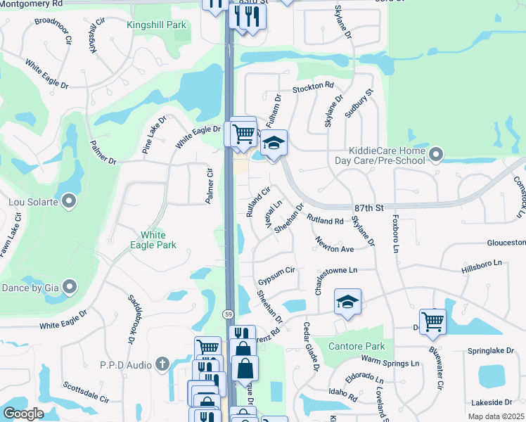 map of restaurants, bars, coffee shops, grocery stores, and more near 2833 Vernal Lane in Naperville